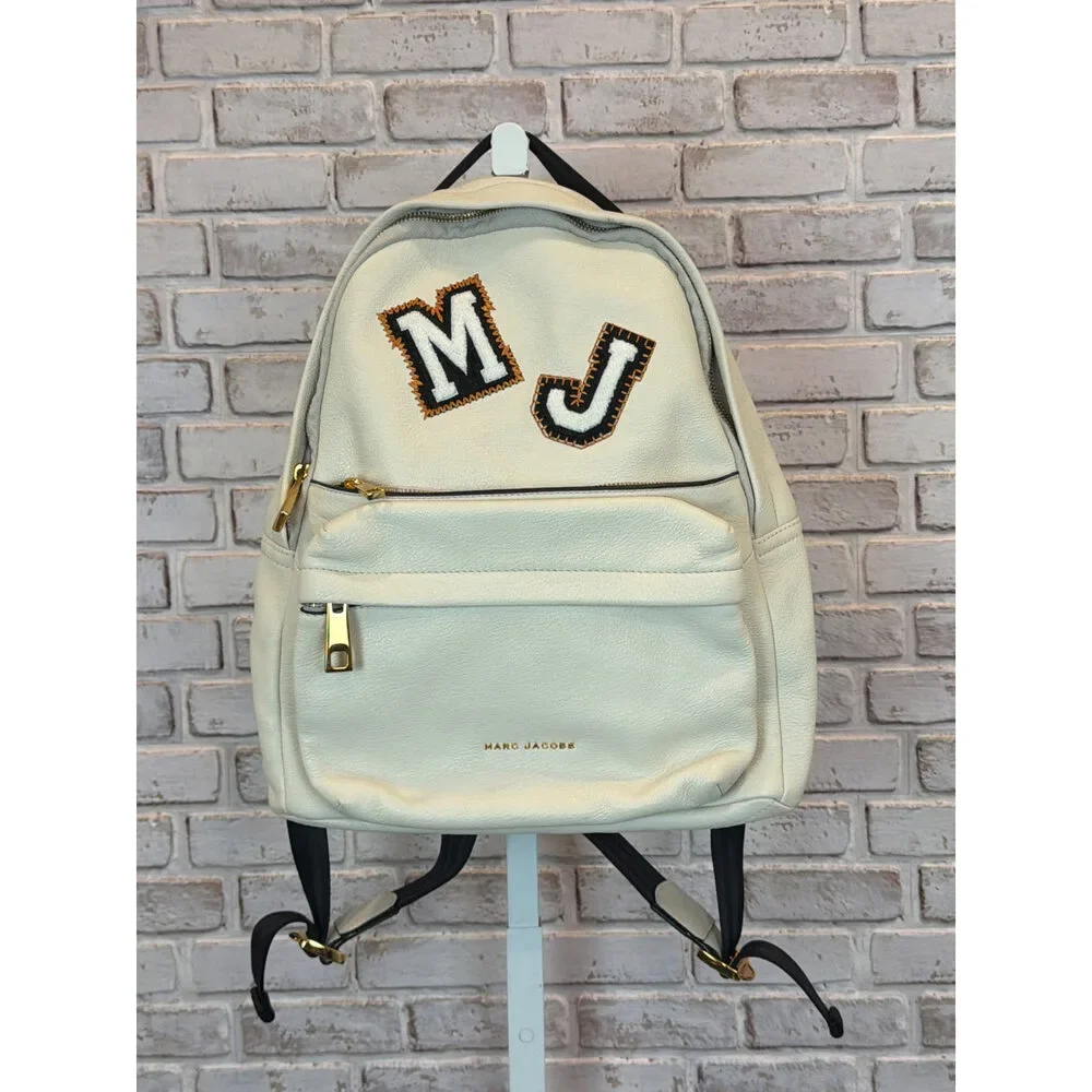 Marc Jacobs Cream Leather Varsity Backpack MJ Patch Gold Hardware
